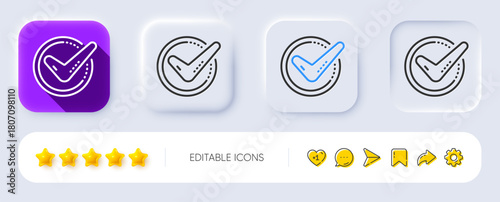 Check mark line icon. Neumorphic, Flat shadow, 3d buttons. Accepted or Approve sign. Tick symbol. Line confirmed icon. Social media icons. Vector