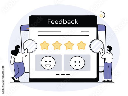 Customer feedback illustration showing rating stars and emojis on a transparent background