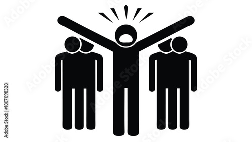 Silhouette of a person with arms raised, shouting in excitement, accompanied by supporters.                                                           