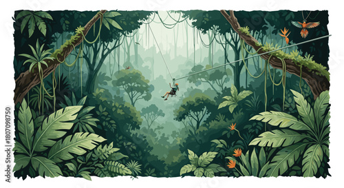 Thrilling view of a person zip-lining high above the canopy of a lush and dense tropical jungle on an adventure tour.