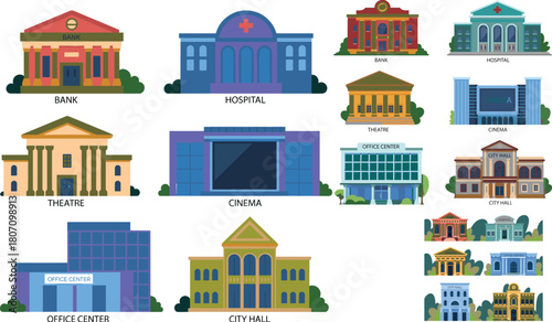 Colorful cartoon building illustration set featuring bank, hospital, theatre, cinema, office center, city hall, public architecture icons for education