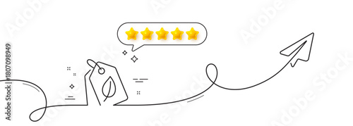 Bio shopping tags line icon. Continuous line with share plane. Leaf sign. Natural products symbol. Five star rate review in speech bubble. Bio tags single line ribbon. Loop curve pattern. Vector