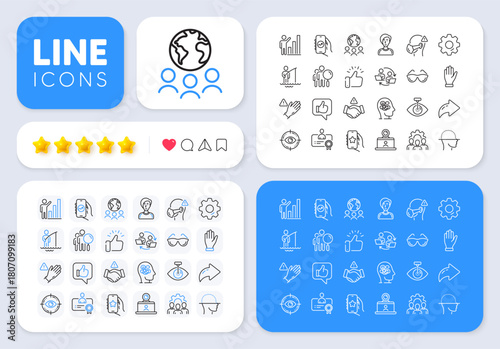 Global business, Like and Financial app line icons for web app. Message, Share, Like social media icons. Pack of Fisherman, Hand, Eyeglasses pictogram icons. Vector