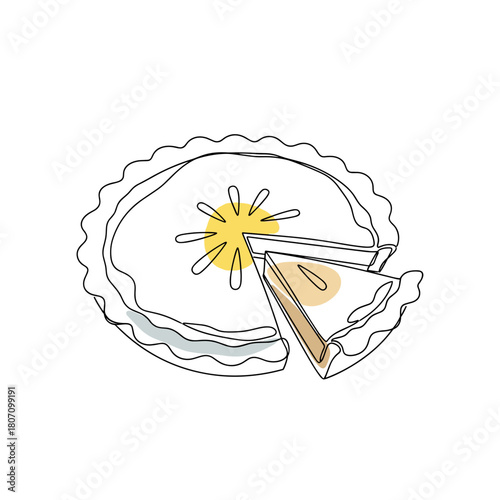 whole round tart or pie with one slice removed in continuous line art for baking blogs, cooking tutorials, restaurant menus, and food packaging