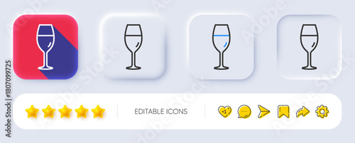Wine glass line icon. Neumorphic, Flat shadow, 3d buttons. Burgundy glass sign. Line wineglass icon. Social media icons. Vector