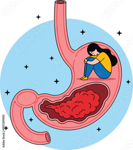 Illustration of a sad girl sitting inside a stomach, symbolizing anxiety, stress-related pain, digestive issues and emotional impact on mental health.