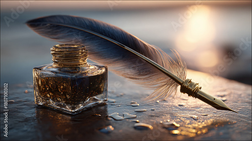 An old fashioned fountain pen feather and inkwell