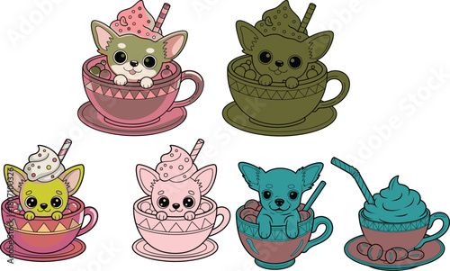 Cute chihuahua puppy sitting in pink teacup with sweets and whipped cream cup illustration adorable dog dessert art in kawaii cartoon style