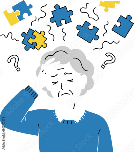 Elderly woman struggling with memory loss, surrounded by puzzle pieces, symbolizing dementia, confusion, cognitive decline and mental health awareness illustration.