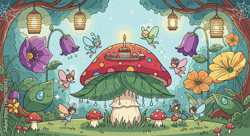 Enchanting fairy tale scene where tiny fairies celebrate a birthday around a giant mushroom decorated with cupcakes in a magical forest.