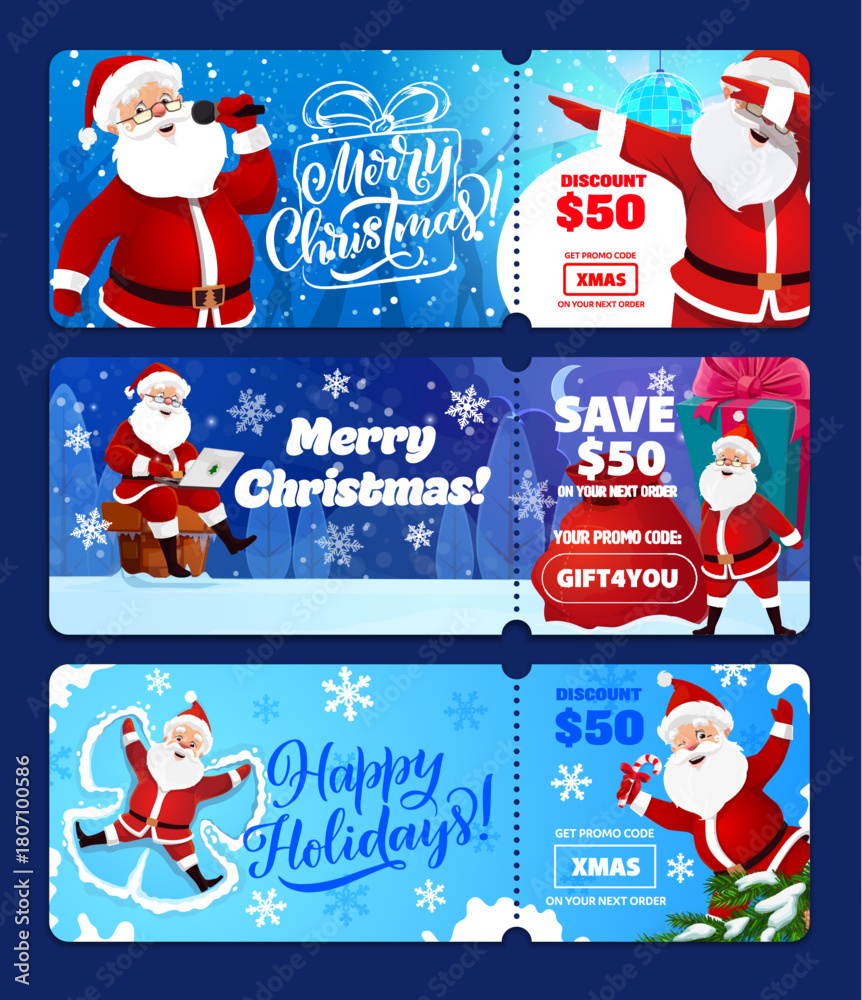 Obraz premium Christmas sale coupons with Santa and gifts. Holiday coupon vector template with promo code for winter shopping promotion. Cartoon banner with Santa making snow angel, holding laptop and microphone