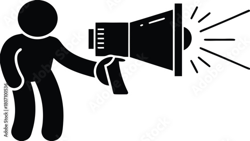 Silhouette of a Person Speaking into a Megaphone, Black and White Icon Graphic                                                                        
