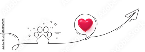 Pet friendly line icon. Continuous line with share plane. Dog paw sign. Hotel service symbol. 3d heart in speech bubble. Pet friendly single line ribbon. Loop curve pattern. Vector