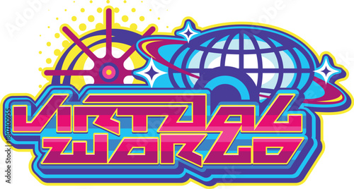 Virtual world globe Y2K retro icon or symbol. Internet and web network globe wireframe funky vector icon, planet Earth virtual sign. Earth mesh sphere symbol with red abstract metallic typography