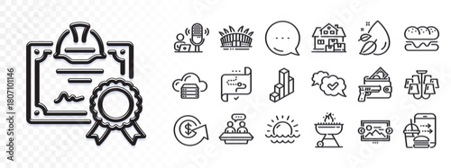 Home moving, Sunset and Burger line icons for web app. Glare of light effect. Message icon. Pack of Podcast, Certificate, Armed robbery pictogram icons. Approved, Target path, Food order signs. Vector