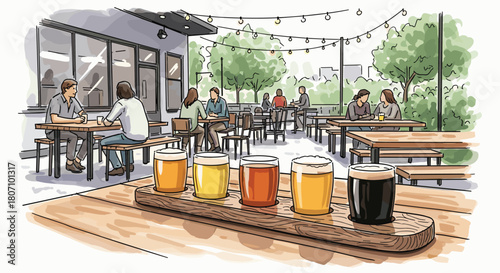 A flight of craft beer in tasting glasses sits on a wooden table on the sunny patio of a modern brewery or beer garden.