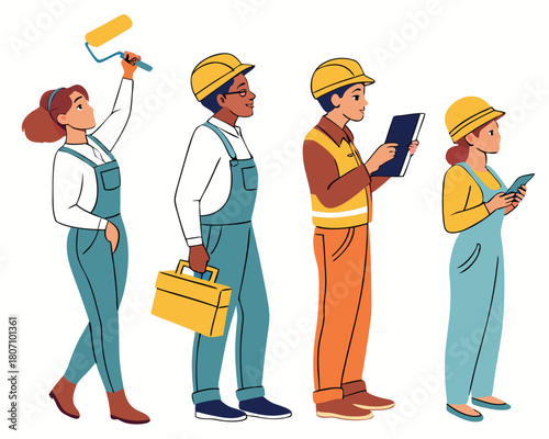 Diverse construction team of professionals in protective gear engaged in various tasks and activities