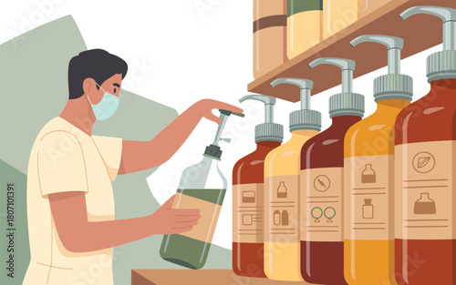 Customer refills a bottle of liquid soap or detergent at a store dispenser