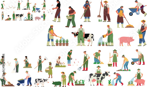 Flat farming illustration set showing diverse farmers working with animals, crops, tools, watering plants, feeding chickens, gardening, agriculture concept
