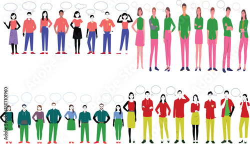 Group of diverse illustrated people standing with blank speech bubbles, modern flat vector characters, communication concept, teamwork, conversation, dialogue template design