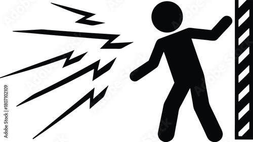 Pictogram of a person escaping a potentially dangerous electrical hazard with a striped wall behind them, black and white illustration.               