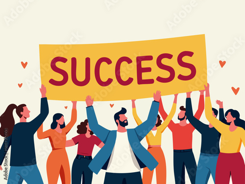 Diverse Team Celebrating Success Banner in Vector Style