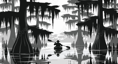 Lone traveler in a hat paddles a canoe through a mysterious monochrome swamp, with majestic cypress trees and Spanish moss reflected in the water.