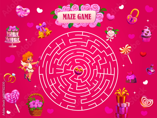 Valentines day holiday labyrinth maze game. Love holiday search path vector puzzle, find way maze worksheet. St Valentine day labyrinth kids quiz or riddle with cupid, flowers, desserts and gifts