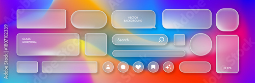 Set of modern glassmorphism UI design elements smartphone interface. Transparent frosted glass shapes, icons, and buttons, screen mobile for web, app, banners, and social media projects