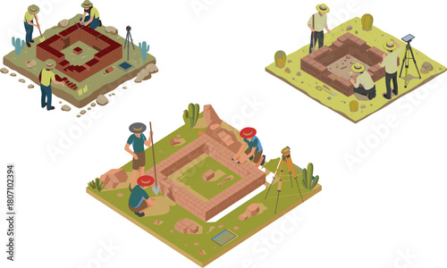 Isometric archaeological excavation illustration with researchers digging, ancient site exploration, desert environment, excavation tools, documenting artifacts