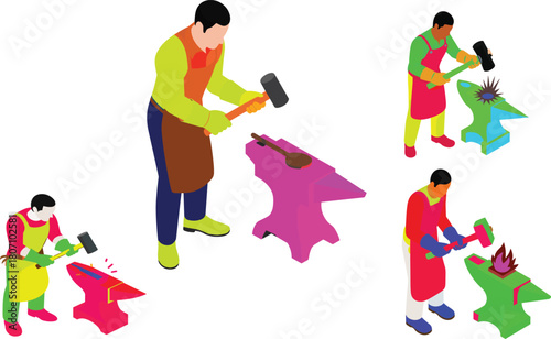 Isometric blacksmith forging hot metal on anvil with hammer, skilled craftsman working in workshop, traditional metalworking process illustration