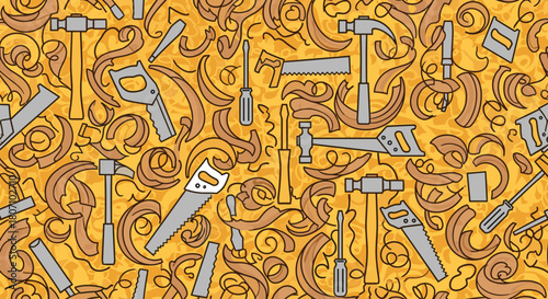 Detailed seamless pattern of various carpentry tools like saws, hammers, and screwdrivers scattered among swirling wood shavings and curls.