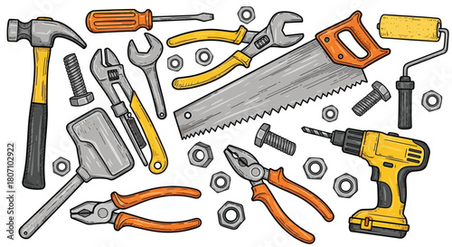 A hand-drawn collection of various vintage-style workshop and construction tools, including a hammer, saw, drill, pliers, and wrenches.