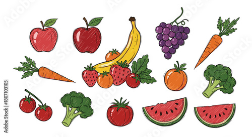 Healthy collection of fresh fruits and vegetables drawn in a colorful crayon sketch style, including apples, carrots, and broccoli.