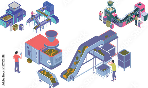 Isometric factory production line illustration with workers monitoring automated conveyor system recycling processing machine manufacturing goods workflow for industrial business concept