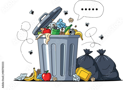 Overflowing garbage bin with trash bags, flies and scattered waste, illustrating pollution, dirt, bad smell and improper waste management problems.