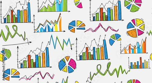 A colorful seamless pattern of various hand-drawn business charts and graphs, including bar charts, pie charts, and line graphs.