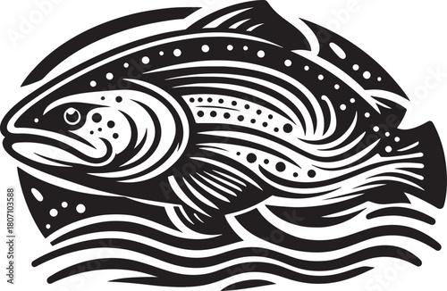 black and white stylized trout fish on a white background, vector illustration