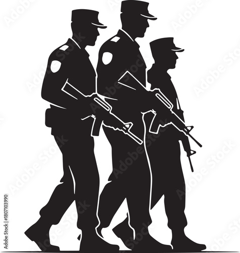 Bold black vector silhouette of three uniformed soldiers or security guards marching in formation with assault rifles, symbolizing military, protection, and security force