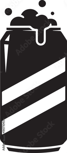 Black and white graphic illustration of a soda can with overflowing foam and bubbles drink beverage