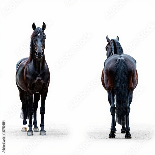 Black Horse Viewed From Front and Back on White Background