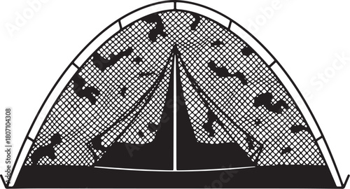 Bold black and white vector illustration of a dome tent covered in camouflage netting and pattern, symbolizing camping, military shelter, and outdoor adventure.