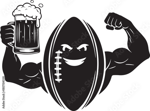 Black and white illustration of a muscular football with a beer mug and flexing arms muscles