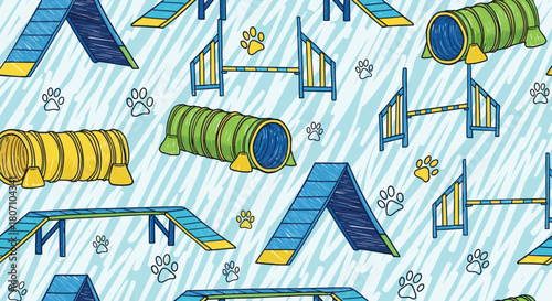 Hand-drawn seamless pattern of dog agility equipment, including tunnels and jumps, with a sketchy, textured style and cute paw prints.