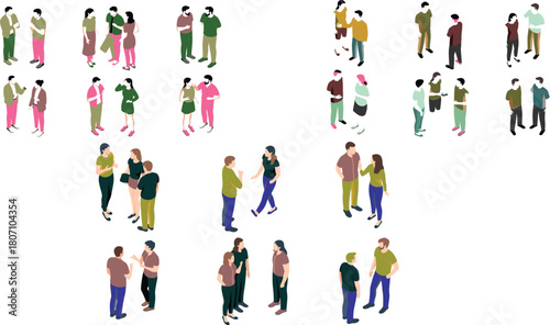 Isometric people talking illustration set, diverse characters in conversation poses, communication scenes, casual interaction figures, modern flat style vector design