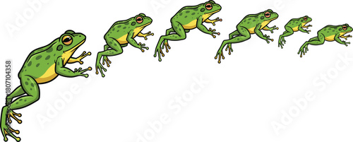 Vector illustration of a frog jumping in multiple movement stages, showing dynamic motion, animal behavior and cartoon wildlife animation sequence