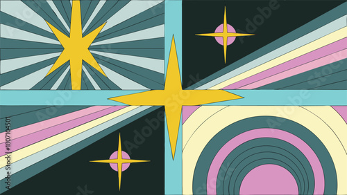 Retro Abstract Star Pattern in Pastel Colors, Divided into Four Sections. Contemporary Colorful Graphic Illustration.                                 