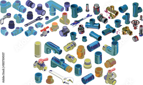 Isometric plumbing parts illustration with pipe fittings valves connectors wrench tools water supply components technical repair equipment for construction maintenance design