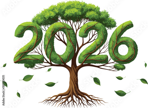 Environmental New Year 2026 Vector Illustration with the Date Formed by Lush Green Topiary Tree Branches, Representing Growth, Sustainability, and Ecology Concepts