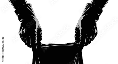 Hands in black gloves holding a garbage bag on transparent background, minimalist style